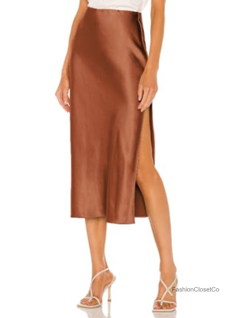 Satin Silk High Waist Slit Midi Skirt Elastic Waistband Flowy